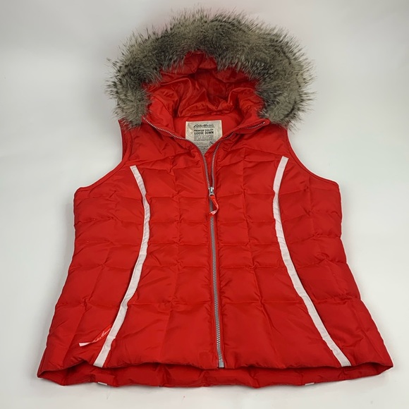 Eddie Bauer Goose Down Faux Fur Quilted puffer Vest Large Red White Hooded New - Picture 1 of 16